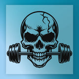 A skull with a barbell on its teeth, representing a symbol of strength and fitness.