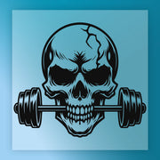 A skull with a barbell on its teeth, representing a symbol of strength and fitness.