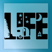 The LIFE Camping Adventure Design by InkMerge features camping elements forming each letter—tree (L), camper (I), stars/moon (F), campfire (E)—making it ideal for custom apparel or DTF transfers on a blue background.