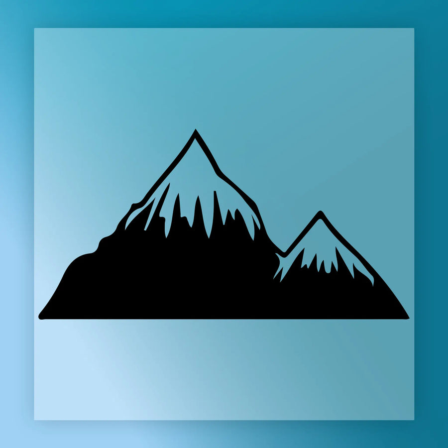A simple black and white illustration of two mountain peaks against a blue background.