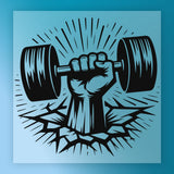 A hand gripping a dumbbell, with a dramatic explosion or crack behind it, against a blue background.