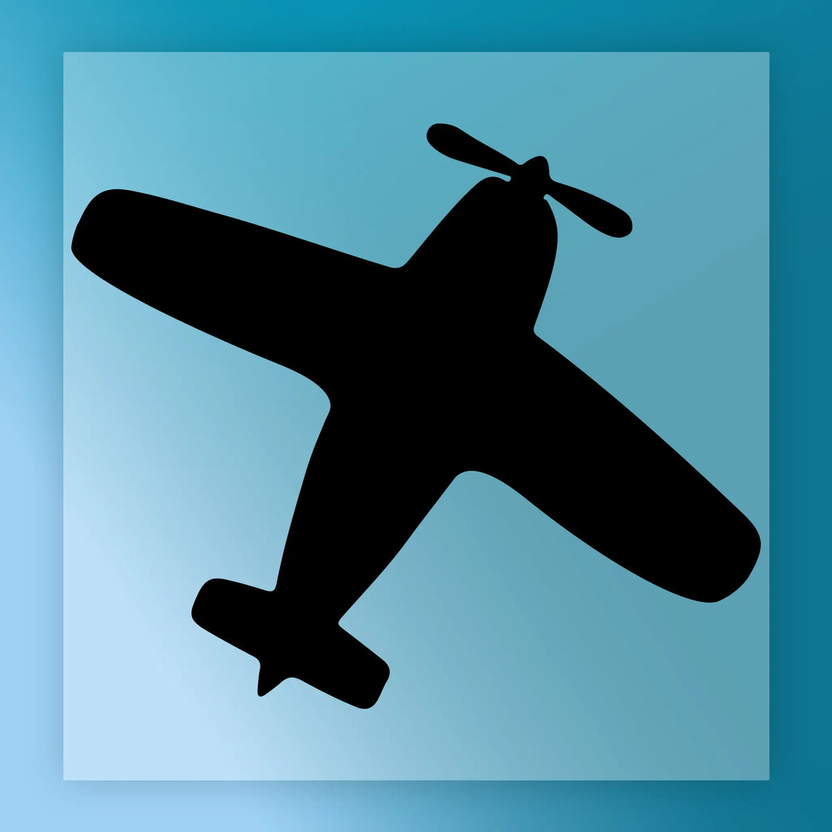 A silhouette of a plane against a blue background.