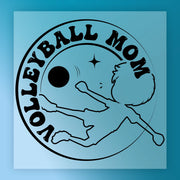 A graphic design featuring a silhouette of a person playing volleyball, with the text "Volleyball Mom" written around the image.