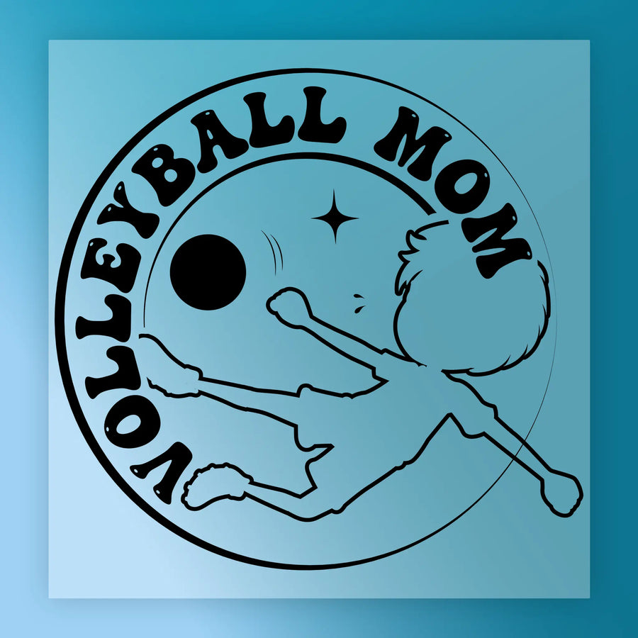 A graphic design featuring a silhouette of a person playing volleyball, with the text "Volleyball Mom" written around the image.