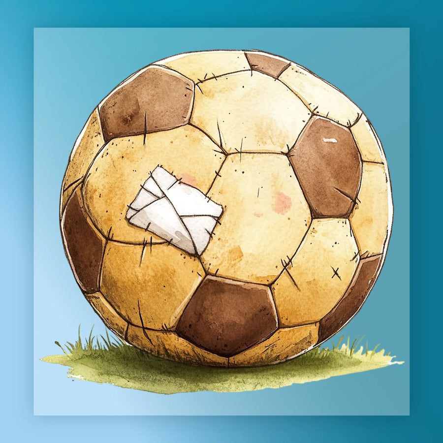 A worn and deflated soccer ball with patches of different colors, sitting on a grassy surface against a blue background.