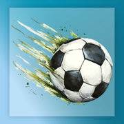 A soccer ball in motion, with splashes of green and black paint, against a blue background.