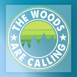 The Green Gradient Circular Pattern - Heat Press Ready by InkMerge features a rustic circular badge with green trees, a stylized sunset, and "THE WOODS ARE CALLING"—perfect for DTF transfer using a heat press.