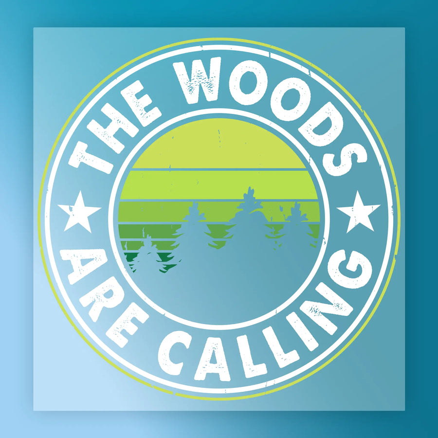 The Green Gradient Circular Pattern - Heat Press Ready by InkMerge features a rustic circular badge with green trees, a stylized sunset, and "THE WOODS ARE CALLING"—perfect for DTF transfer using a heat press.