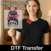 A woman is holding up a clear image of a soccer ball with a pink ribbon on her head, and there is text overlay that says "Ready To Press" and "DTF Transfer".