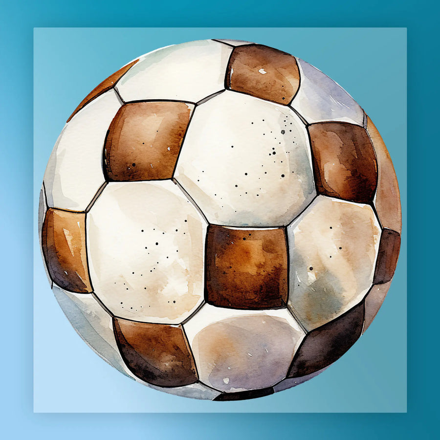A watercolor painting of a soccer ball with a checkered pattern in shades of brown and white.