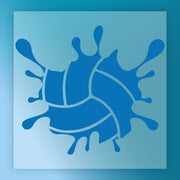 A blue splash graphic with water droplets, representing a volleyball or similar sports ball.
