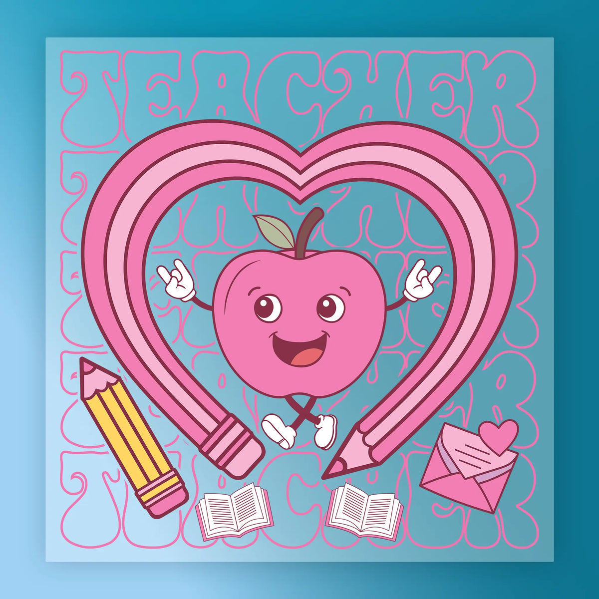 A heart-shaped character with arms and legs, surrounded by various school-related objects such as a pencil, books, and an envelope, all set against a blue background with the word "Teacher" written in pink.