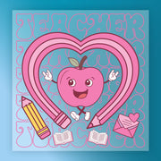 A heart-shaped character with arms and legs, surrounded by various school-related objects such as a pencil, books, and an envelope, all set against a blue background with the word "Teacher" written in pink.