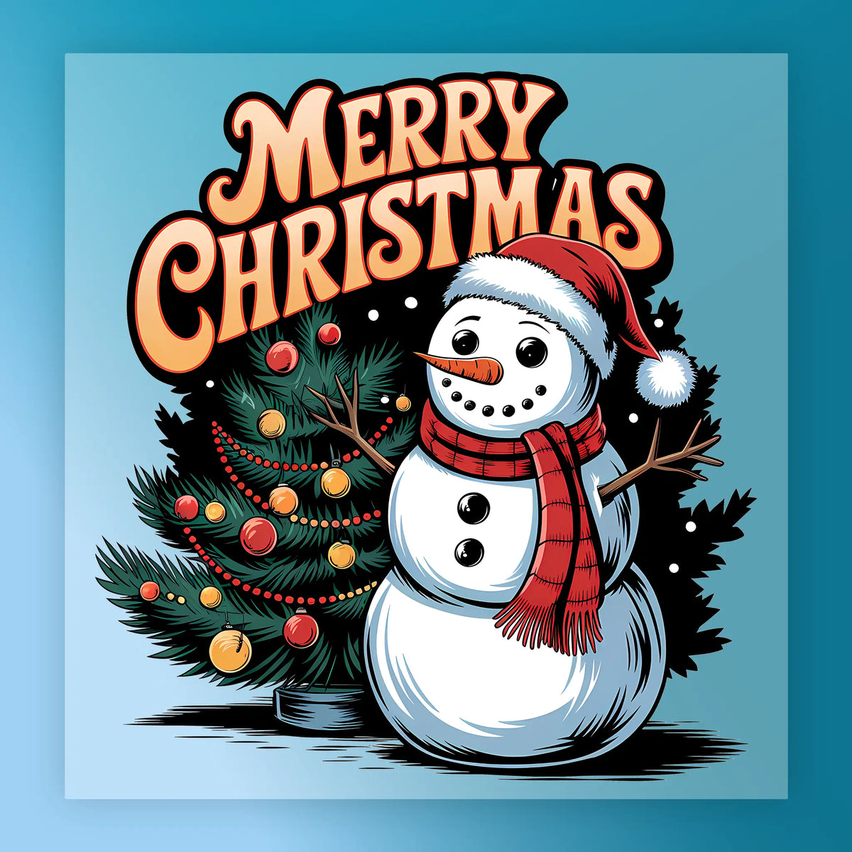 The InkMerge Merry Christmas Snowman and Tree Design features a cheerful snowman with a red scarf and Santa hat by a festive tree, "Merry Christmas" text above on blue—ideal for DTF or heat press transfer crafts.