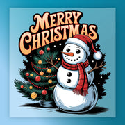 The InkMerge Merry Christmas Snowman and Tree Design features a cheerful snowman with a red scarf and Santa hat by a festive tree, "Merry Christmas" text above on blue—ideal for DTF or heat press transfer crafts.