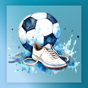 A watercolor painting depicting a soccer ball and a white and blue shoe, with splashes of blue and white paint surrounding them.