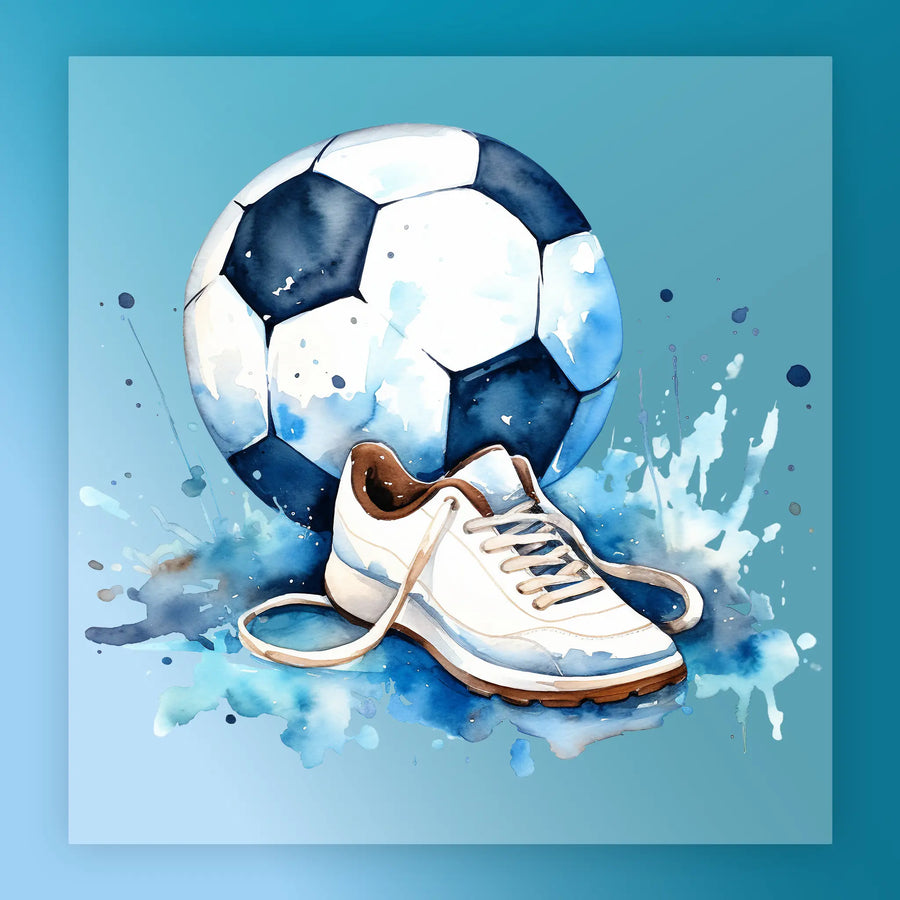 A watercolor painting depicting a soccer ball and a white and blue shoe, with splashes of blue and white paint surrounding them.