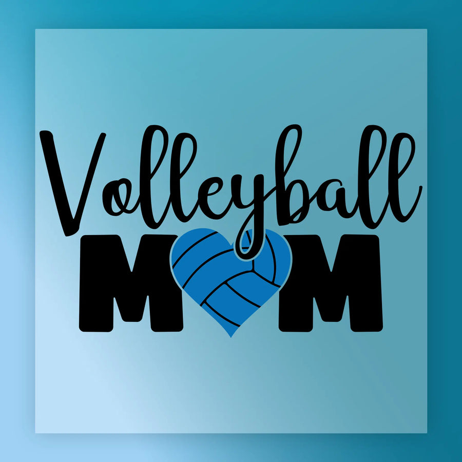 a graphic design with the text "Volleyball Mom" and a heart-shaped volleyball graphic.