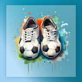 A pair of white and black soccer cleats with a colorful, abstract background.