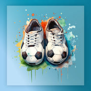 A pair of white and black soccer cleats with a colorful, abstract background.