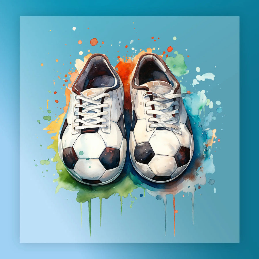 A pair of white and black soccer cleats with a colorful, abstract background.