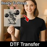 A woman holding a transparent image of a skeleton lifting a barbell, with a red arrow pointing to her chest.