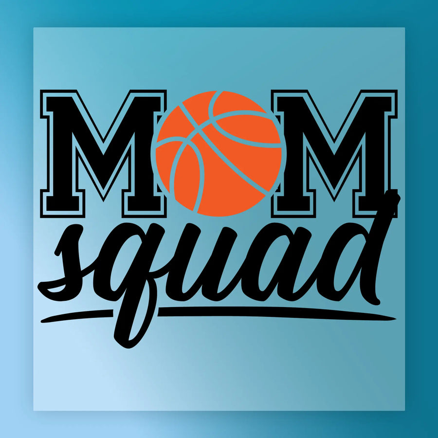 a basketball graphic with the text "MOM squad" written below it.