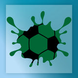 A stylized soccer ball with a green and black color scheme, resembling a splash of paint or a splash of liquid.