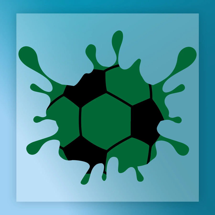 A stylized soccer ball with a green and black color scheme, resembling a splash of paint or a splash of liquid.