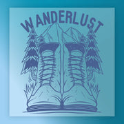 Blue monochrome Grumpy Holiday Humor Design by InkMerge: hiking boots before pine trees and a mountain, WANDERLUST in bold above—perfect for heat press or DTF transfer projects.