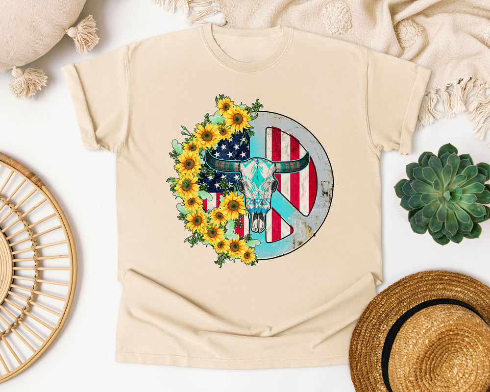 Western Peace Sign Bull Skull Sunflower graphic tee in Ivory Comfort Colors 1717