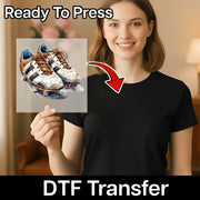 A woman holding a transparent image of a pair of sneakers, with a red arrow pointing to the sneakers.
