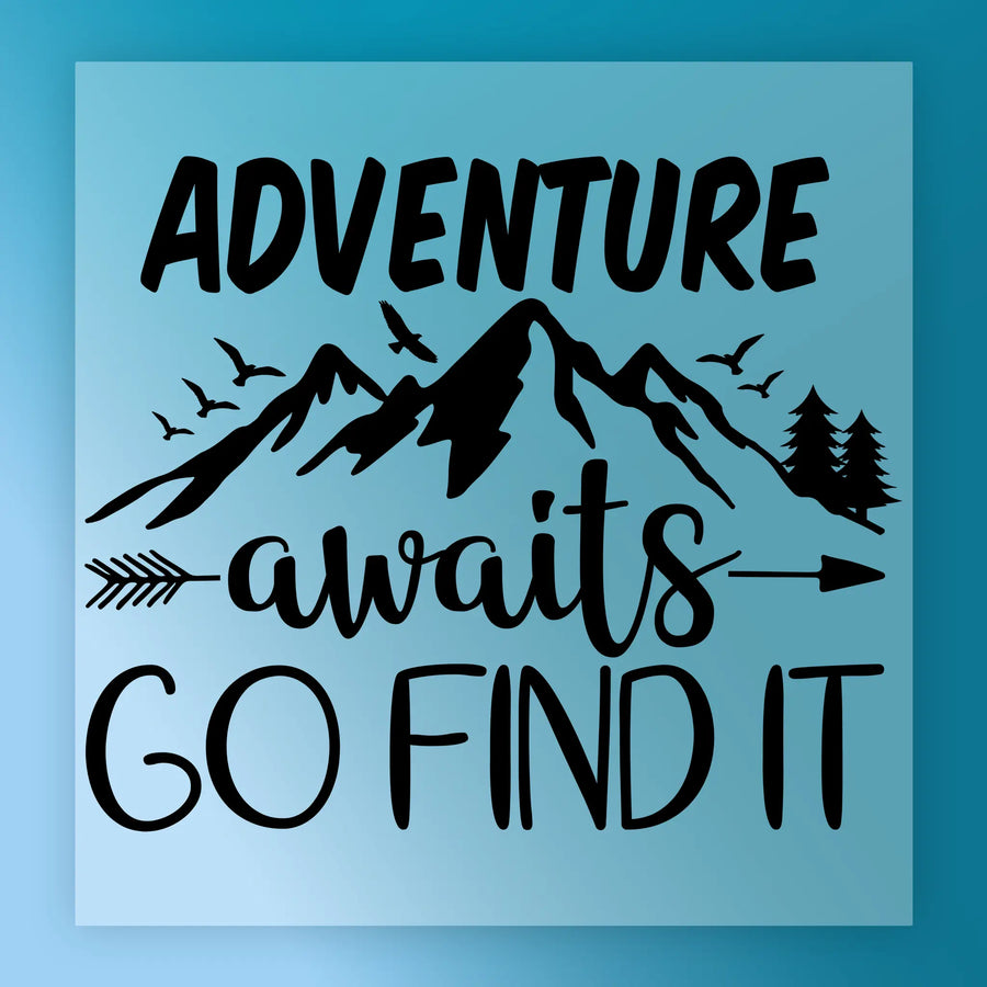 Adventure Awaits Go Find It by InkMerge features mountain silhouettes, birds, trees, and an arrow with bold text on a blue background—ideal for DTF or heat press transfers.