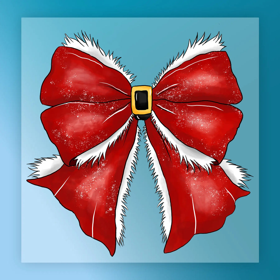The InkMerge Santa Bow Christmas Design features white fur trim and a black-and-gold buckle on a blue background, resembling Santa’s outfit—ideal for DTF transfer or your heat press projects.