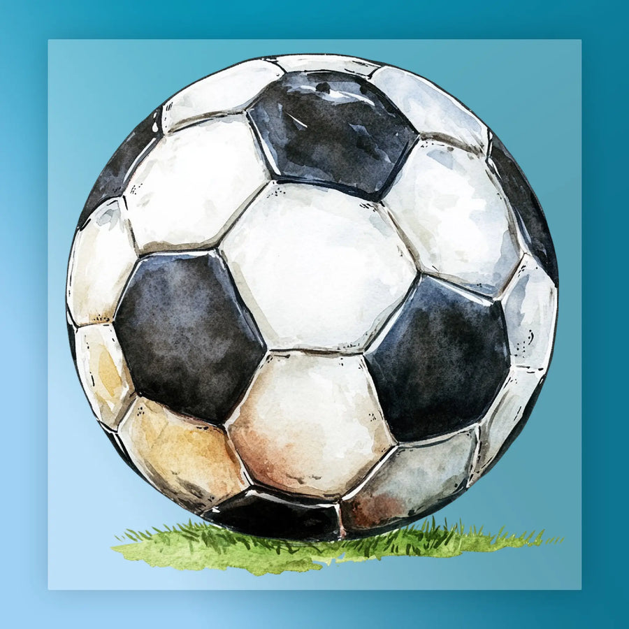 A watercolor painting of a soccer ball on a grassy field.