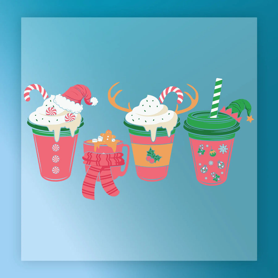 InkMerge’s Festive Holiday Drinks Design showcases four festive beverages with whipped cream, candy canes, and gingerbread cookies—perfect inspiration for heat press or Direct-to-Film transfer projects.