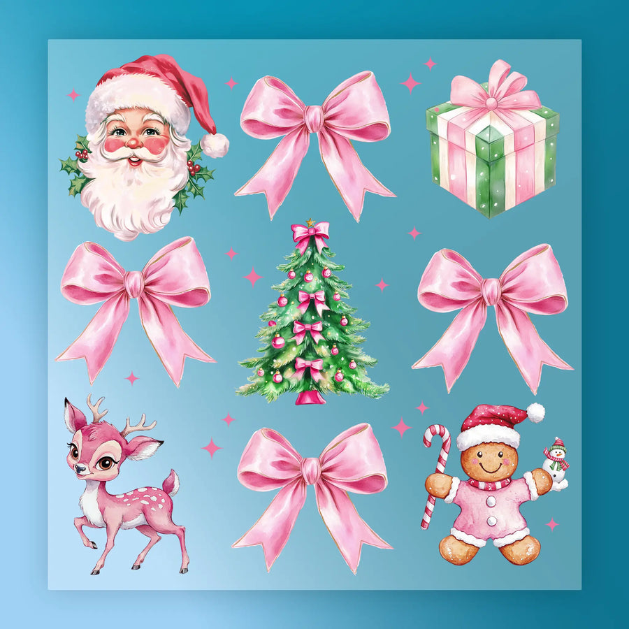 InkMerge’s "Whimsical Pink Christmas Elements - Heat Press Ready" features Santa’s face, pink bows, a decorated tree, a cute deer, and a gingerbread cookie with a candy cane—all on a blue background.