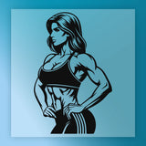 A muscular woman with long hair is depicted in a black and white illustration, standing with her hands on her hips.