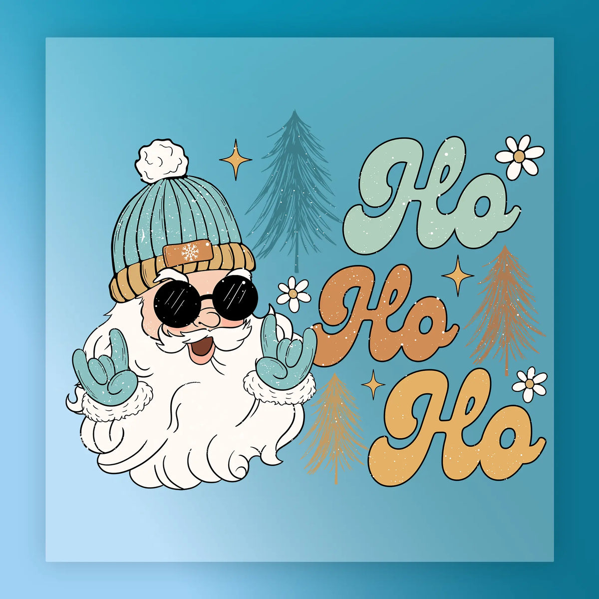 InkMerge's Santa Modern Xmas Design features a cartoon Santa in sunglasses and blue hat, flashing rock-and-roll hand signs with "Ho Ho Ho," stars, flowers, and pine trees—ideal for DTF transfer or heat press projects.