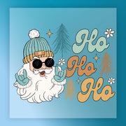 InkMerge's Santa Modern Xmas Design features a cartoon Santa in sunglasses and blue hat, flashing rock-and-roll hand signs with "Ho Ho Ho," stars, flowers, and pine trees—ideal for DTF transfer or heat press projects.