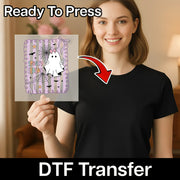 A woman is holding up a clear sign with a ghost illustration on it, and there is text indicating that the image is ready to be printed.