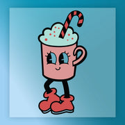 The Festive Cartoon Mug Character by InkMerge features big eyes, a smiling face, black legs, and red boots—perfect for DTF transfers or screen printing on custom apparel—set against a blue gradient background.