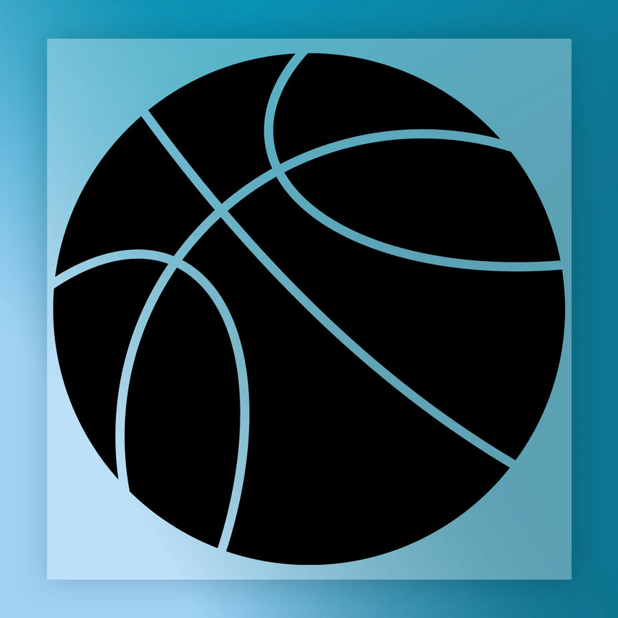 a black basketball with a blue background.