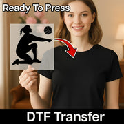A woman holding a transparent sign with a volleyball graphic on it, and there is a red arrow pointing to the sign.