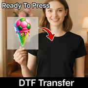 A woman holding a transparent sheet with a colorful soccer ball image on it, and there is text that says "Ready To Press" and "DTF Transfer" below the image.