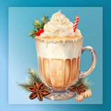 The Festive Holiday Beverage Design by InkMerge features a creamy holiday latte with whipped cream, a red-striped straw, holly accents, and festive garnishes—perfect for custom apparel or DTF transfers on a blue background.