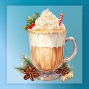 The Festive Holiday Beverage Design by InkMerge features a creamy holiday latte with whipped cream, a red-striped straw, holly accents, and festive garnishes—perfect for custom apparel or DTF transfers on a blue background.
