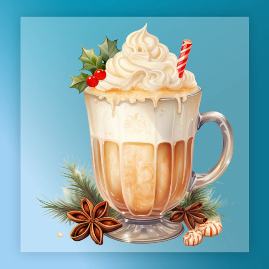 The Festive Holiday Beverage Design by InkMerge features a creamy holiday latte with whipped cream, a red-striped straw, holly accents, and festive garnishes—perfect for custom apparel or DTF transfers on a blue background.