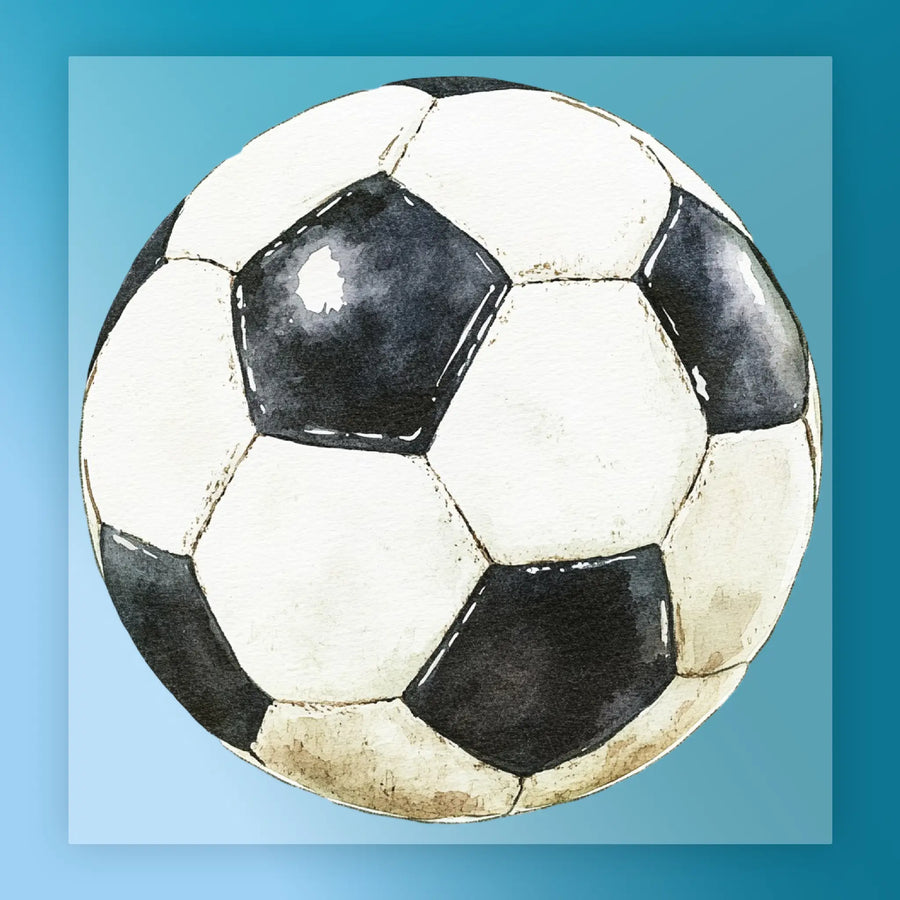 A watercolor painting of a soccer ball with a blue background.