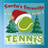 Santa's Favorite Tennis by InkMerge features a giant tennis ball in a Santa hat between two Christmas trees, festive lights above, and colorful "Santas favorite TENNIS" text—ideal for game day outfits or fun DTF heat press transfers.
